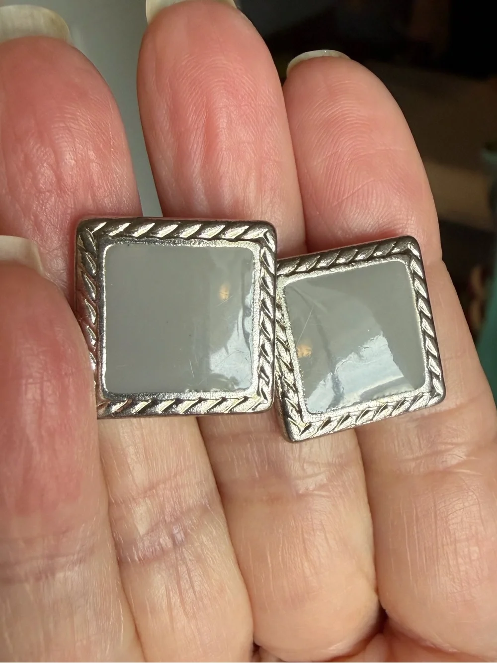Men’s Silver Tone Cufflinks Square Rope Design Light Gray Inlay Classic Formal